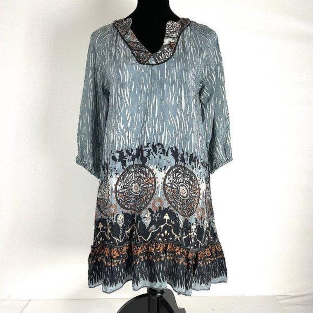 Tolani Women's Silk Aztec Circle Abstract Tunic Top Gray Black Brown Ruffle XS
